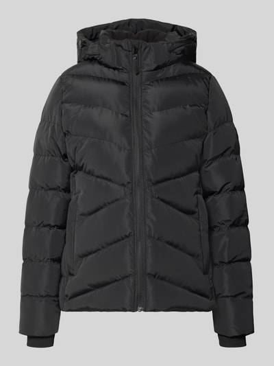 Produktfoto, schwarze Stepp-Optik, Reißverschluss, Kapuze mit Stehkragen, Regular Fit Jacke in Stepp-Optik Modell 'Synria' von Cars Jeans, Damen Jacke, glatte Oberfläche, sichtbare Eingrifftaschen, strukturierte Nähte, mittellange Rückenpartie
