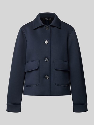 Produktfoto, Regular Fit Jersey-Jacke mit Viskose-Anteil Modell 'PERLE' von Weekend Max Mara, Optik: Unifarben, Umlegekragen, Pattentaschen, Materialverarbeitung: Piqué, dunkelblau, glatte Struktur.