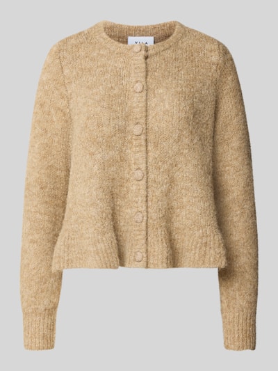 Produktfoto, Regular Fit Strickjacke mit Woll-Anteil Modell 'Bows' von VILA in Beige, elastischer Material-Mix, Knopfleiste, gerippte Abschlüsse.