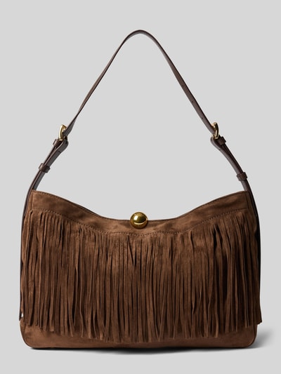 Produktfoto, Shoulder Bag aus echtem Leder Modell 'SFERA' von FURLA in Braun mit Fransenbesatz, goldfarbenem Magnetverschluss, sichtbare glatte und strukturierte Texturen, Produktdetails aus dem Kontext erkennbar.