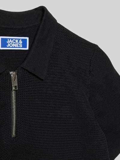Productfoto, Regular Fit Poloshirt in breistructuur model 'Max' van Jack & Jones, zuiver katoen, korte mouw, ritssluiting, zwart