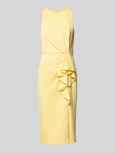 Produktfoto, Cocktailkleid mit Volants von Adrianna Papell, jasny żółty, mieszanka materiałów z dodatkiem streczu, prosty krój, sukienka midi, okrągły dekolt, długość tyłu w rozmiarze 36: 113 cm, szerokość w rozmiarze 36: 44 cm