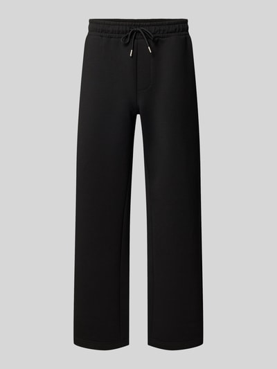 Produktfoto, Regular Fit Sweatpants aus Material-Mix Modell 'BILL LEGACY' von JACK & JONES, Schwarz, elastischer Bund, zwei Eingrifftaschen, Herren Sweatpants, schlichte glatte Oberfläche, Kontext: Innenbeinlänge bei Größe M 77 cm, Tunnelzug am Bund.