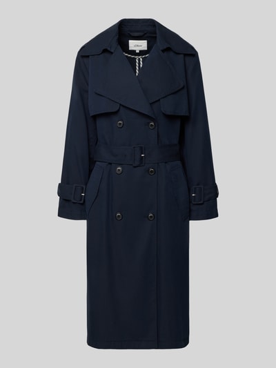 Produktfoto, Regular Fit Trenchcoat aus Baumwoll-Lyocell-Mix von s.Oliver RED LABEL, Optik: Unifarben, Twill-Struktur, dunkles Blau, schwarze Knopfleiste, Umlegekragen, Schulterklappen, Taillengürtel, Gehschlitz, Langarm, seitliche Pattentaschen