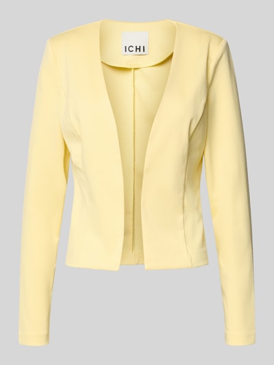 Produktfoto, Slim Fit Blazer in offener Passform Modell 'KATE' von ICHI, hellgelb, glatte Textur, Material-Mix mit Viskose-Anteil.