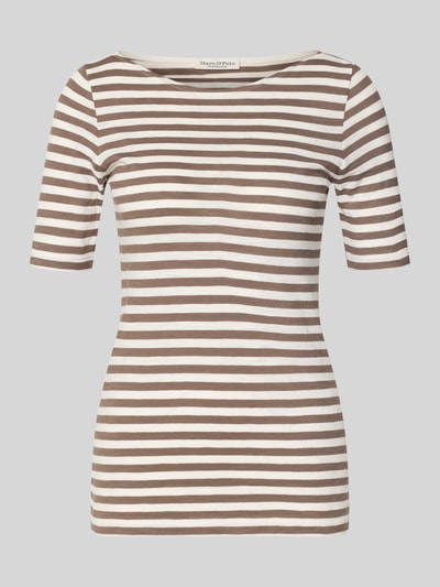 Produktfoto, Slim Fit T-Shirt aus reiner Baumwolle von Marc O'Polo, braun-weiß gestreift, Allover-Muster, Logo-Print, kurzarm, U-Boot-Ausschnitt