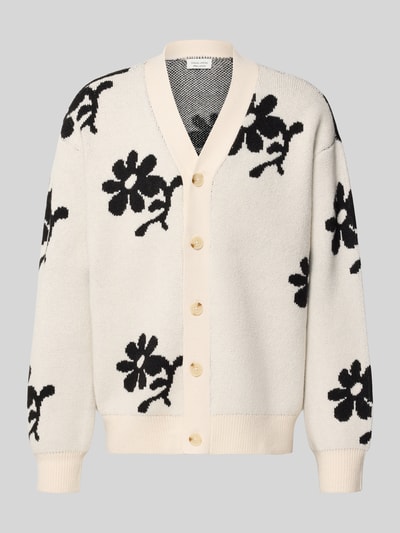 Produktfoto, cremefarbene Strickjacke im Allover-Look Modell 'DIA INTARCIA' von Casual Friday mit schwarzen Blumen, Woll-Mix, Knopfleiste, V-Ausschnitt, Relaxed Fit