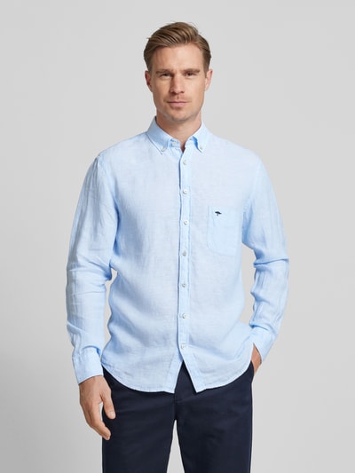 Fynch-Hatton Regular fit linnen overhemd met logostitching Lichtblauw gemêleerd - 4