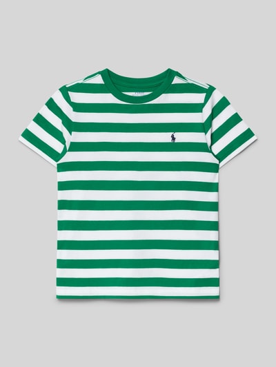 Produktfoto, T-Shirt mit Rundhalsausschnitt und Label-Stitching von Polo Ralph Lauren Kids, grün-weiß gestreift, Reine Baumwolle, Regular-Fit, Rückenlänge bei Größe 116: 45 cm