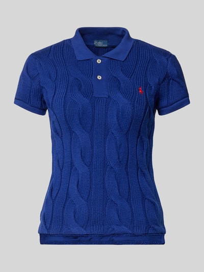 Produktfoto, Koszulka polo z wyhaftowanym logo Poloshirt mit Label-Stitching von Polo Ralph Lauren, bawełna, krój regular fit, kołnierzyk polo, krótka listwa guzikowa, długość tyłu 55 cm dla rozmiaru S, kolor intensywny niebieski, faktura pleciona