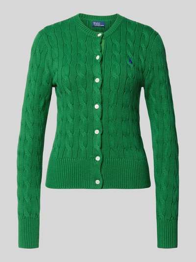 Produktfoto, Regular Fit Strickjacke aus reiner Baumwolle von Polo Ralph Lauren in Grün, unifarben, Zopfstrick, Logo-Stitching, Knopfleiste