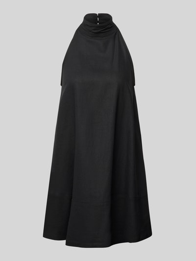 Produktfoto, schwarzes Minikleid aus Leinen-Mix mit Viskose-Anteil in Trapezform, Modell 'SARA' von Topshop, Neckholder mit Knopfverschluss, Rückseitiger Schlüsselloch-Ausschnitt, Rückenlänge 85 cm, Brustweite 48 cm bei Größe 36.