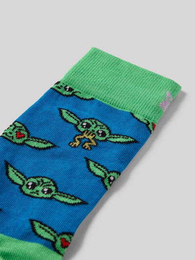 Produktfoto, Socken aus Baumwoll-Mix Modell 'GROGU MOOD' von Happy Socks mit grün-blauem Muster, elastisches Rippenbündchen, Label-Detail.
