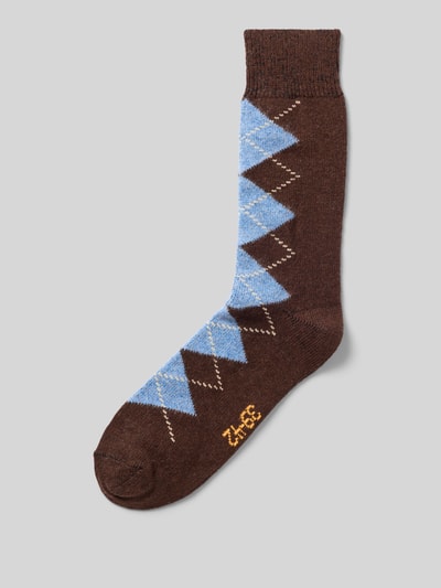 Produktfoto, Socken mit Kaschmir-Anteil im Karo-Design von UNIO HAMBURG, braun mit blauen Rauten, gerippte Bündchen, Baumwoll-Mix