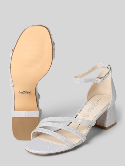 Produktfoto, High Heels mit Dornschließe Modell 'LILLY' von Buffalo, zaokrąglony czubek, fakturowana podeszwa, wysokość obcasa 5 cm, wysokość cholewki 9 cm, kolor srebrny, paski z połyskiem
