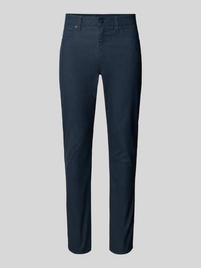 Produktfoto, dunkelblaue Slim Fit Modell Chino aus Baumwoll-Mix 'DELAWARE5' von BOSS mit 5-Pocket-Design, Label Patch und Gürtelschlaufen.