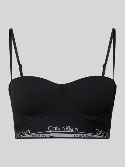 Produktfoto, schwarzer Balconette BH mit Logo-Stitching von Calvin Klein Underwear, elastischer Baumwoll-Mix, glatte Oberfläche, verstellbare Träger, Haken-Verschluss