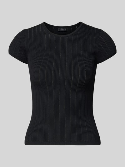 Produktfoto, T-Shirt in Pointelle-Optik mit Rundhalsausschnitt von Guess in Schwarz, körpernah geschnitten, feine Rippstruktur, Viskose-Mix.