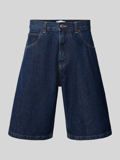Produktfoto, Worker Shorts im 5-Pocket-Design von Edwin aus Reine Baumwolle in Dunkelblau, ausgestellt, mit Knopf-Reißverschluss, Bundweite 45 cm, Innenbeinlänge 28 cm.