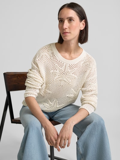 Oui Gebreide pullover met geribde ronde hals Offwhite - 3