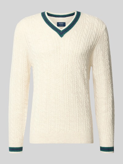 Produktfoto, Strickpullover mit Woll-Anteil von MCNEAL, Woll-Mix, Zopfmuster, V-Ausschnitt, gerader Schnitt, gerippte Abschlüsse, creme mit grünen Akzenten