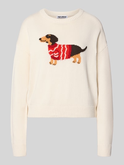 Produktfoto, Strickpullover aus reiner Baumwolle von REVIEW in Creme mit lockerem Schnitt, Hundemotiv und gerippten Abschlüssen, Damen Strickpullover