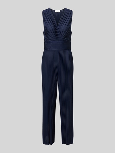 Produktfoto, donkerblauwe Jumpsuit met plooien model 'Linnea' van Guido Maria Kretschmer WOMAN, satijnlook, wikkellook, mouwloos design