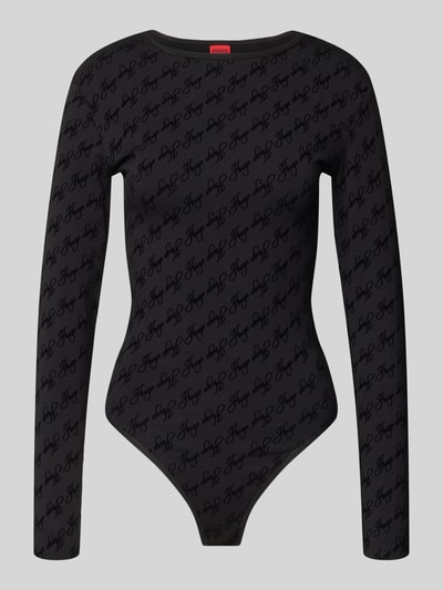 Produktfoto, schwarzer Slim Fit Body aus Baumwoll-Modal-Mix Modell 'FLOKKY' von HUGO mit Allover-Logo-Muster vor grauem Hintergrund