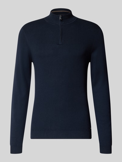 Produktfoto, Slim Fit Strickpullover aus Baumwoll-Mix mit Viskose-Anteil von ROY ROBSON in Dunkelblau, Strick-Optik, Troyer-Kragen, gerippte Abschlüsse