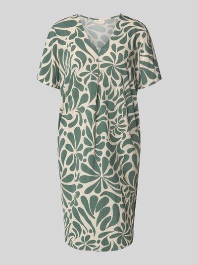 Produktfoto, Knielanges Kleid mit V-Ausschnitt Modell 'Floy' von FREE/QUENT, abstrakter grüner Print, Straight Fit, Material-Mix mit Stretch-Anteil