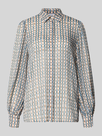 Produktfoto, Relaxed Fit Hemdbluse in semitransparentem Design van Jake*s Collection in blauw-beige vierkant patroon, semi-transparante look, met lange mouwen, overhemdenkraag en knoopsluiting, dames, ruglengte maat 36: 68 cm, mouwlengte: 65 cm.