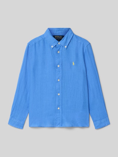Produktfoto, Regular Fit Freizeithemd aus reinem Leinen von Polo Ralph Lauren Kids in Unifarbe Blau mit Button-Down-Kragen, Logo-Stitching, Flammgarnstruktur