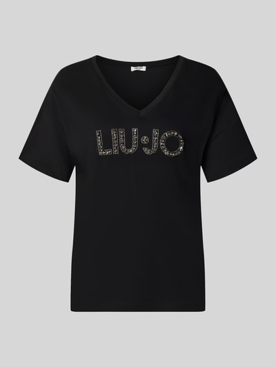 Produktfoto, schwarzes Regular Fit T-Shirt aus reiner Baumwolle von Liu Jo White mit Ziersteinbesatz und Logo-Detail auf grauem Hintergrund.