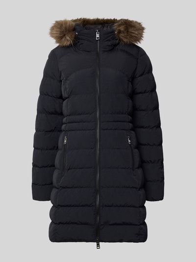 Produktfoto, schwarzer Steppmantel mit Zweiwege-Reißverschluss von Superdry, Kapuze mit Kunstfellbesatz, glatte Struktur, für Damen