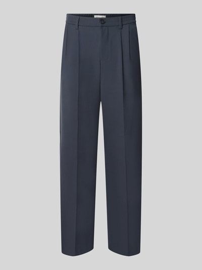 Produktfoto, dunkelblaue Straight Fit Hose mit Viskose-Anteil Modell 'Grant' von Casual Friday, elastischer Material-Mix, Bügelfalten, teilelastischer Bund, Knopf- und Reißverschluss, glatte Textur.