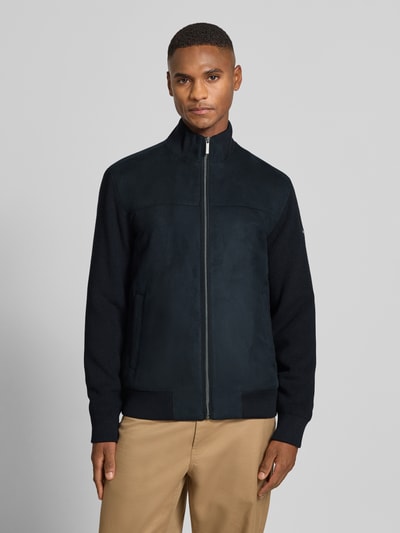 bugatti Gebreid jack met suède aan de voorkant en opstaande kraag Marineblauw - 4