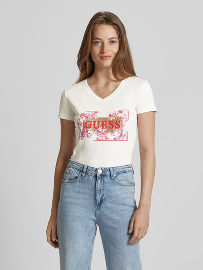 Guess T-shirt z kwiatowym wzorem i nadrukiem z logo Złamany biały 4