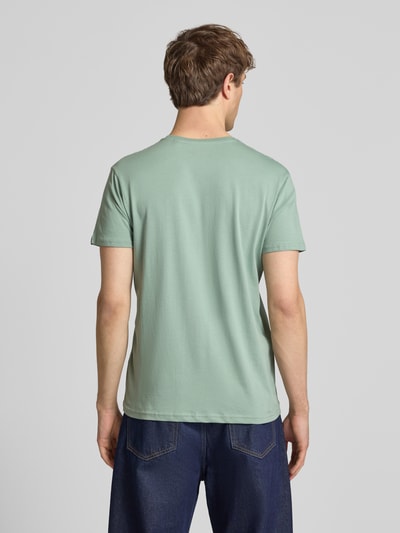 Männermodel trägt T-shirt met labeldetail model 'BASIC' van Alpha Industries in mintgroen, puur katoen, recht model, ruglengte maat M 69 cm. Ganzkörperansicht Rückansicht.