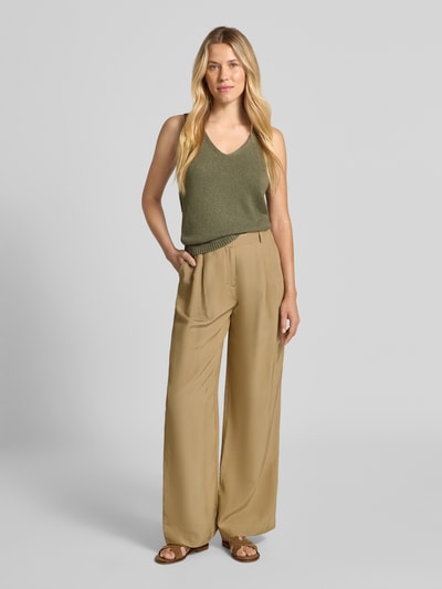 More & More Stoffen broek van een mix van viscose en linnen met plooien Zand - 1