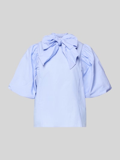 Produktfoto, Bluse mit Schluppe und Ballonärmeln von Rich & Royal in Hellblau, Reine Baumwolle, Gerader-Schnitt, Struktur mit Stehkragen