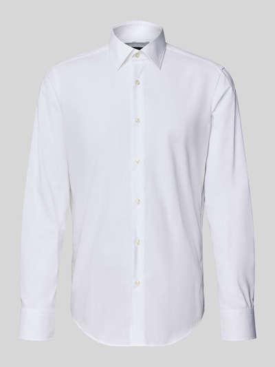 Produktfoto, Slim Fit Businesshemd aus Popeline mit Stretch-Anteil von BOSS, weiß, Kentkragen, durchgehende Knopfleiste, Sportmanschetten, abgerundeter Saum, aus Baumwoll-Elasthan-Mix, Easycare, Größe 40: Schulterbreite 48 cm, Ärmellänge 66 cm, Rückenlänge 78 cm.