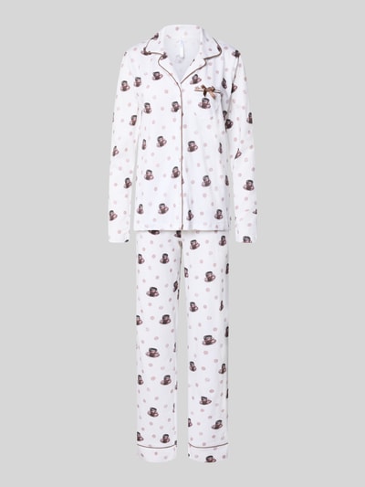 Produktfoto, wit pyjama-set van puur katoen Model 'Meine Auszeit' van LOUIS & LOUISA, regular fit, reverskraag, met lange mouwen, borstzak, sierstrik, knoopsluiting, bruine beerprint, gladde stof