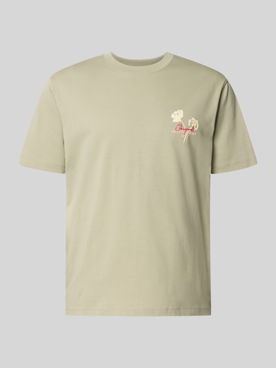 Productfoto, T-Shirt met motiefprint en ronde halsuitsnijding van Jack & Jones, katoen, regular fit, motiefprint, lengte rug maat M 70 cm, lichtgroen, recht model, gladde textuur.