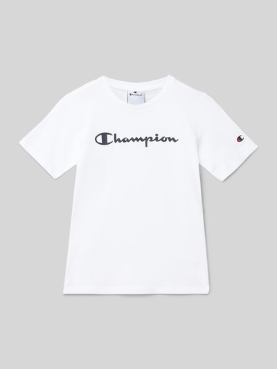 Produktfoto, weißes T-Shirt aus reiner Baumwolle von CHAMPION, gerade Passform, Rundhalsausschnitt, Label-Print, Rückenlänge 54 cm bei Größe 140