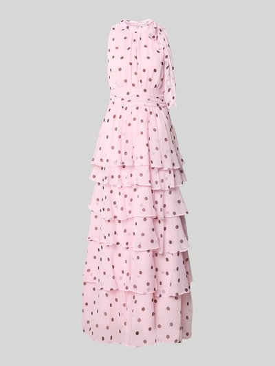 Produktfoto, Abendkleid mit Rüschenbesatz Modell 'Marli' von Neo Noir in Rosa mit Punkten, taillierte Passform, ärmellos, Zierschleife.