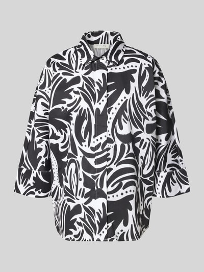 Produktfoto, Bluse mit verdeckter Knopfleiste und 3/4-Arm von Christian Berg Woman aus Reine Baumwolle mit Hemdblusenkragen, Regular-Fit, abstraktes schwarz-weißes Muster, abgerundeter Saum, strukturierte Oberfläche, Rückenlänge 64 cm, Ärmellänge 24 cm, Damen Bluse.