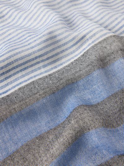 Produktfoto, Schal aus Viskose mit Fransen von Christian Berg Men, feine Streifen in Blau, Grau und Weiß, rechteckiges Design, Stofftextur
