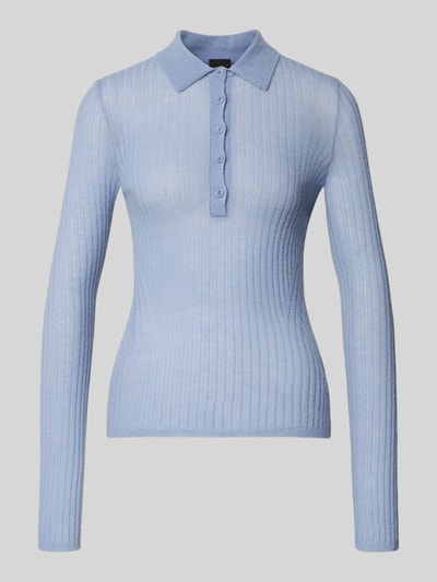Produktfoto, Slim Fit gebreide pullover uit scheerwolmix Model 'FUGENEL' van BOSS Orange, effen lichtblauw, gestreept motief, polokraag, lange mouw, geribde mouwboord en rompzoom, gebreide look