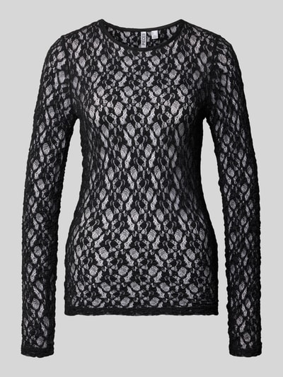 Produktfoto, zwart shirt met lange mouwen van kant met ronde hals, Slim Fit Langarmshirt mit Rundhalsausschnitt Modell 'HAZEL' van PIECES, Dames