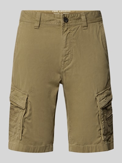 Produktfoto, Bermudas mit Pattentaschen und Label-Stitchings von PME Legend in Beige mit Knopf-Reißverschluss, Eingrifftaschen, Motiv- und Label-Stitchings, Klettverschluss, Gesäßtaschen, Label-Details, Straight Fit, Bundweite 41 cm, Innenbeinlänge 26 cm, Herren